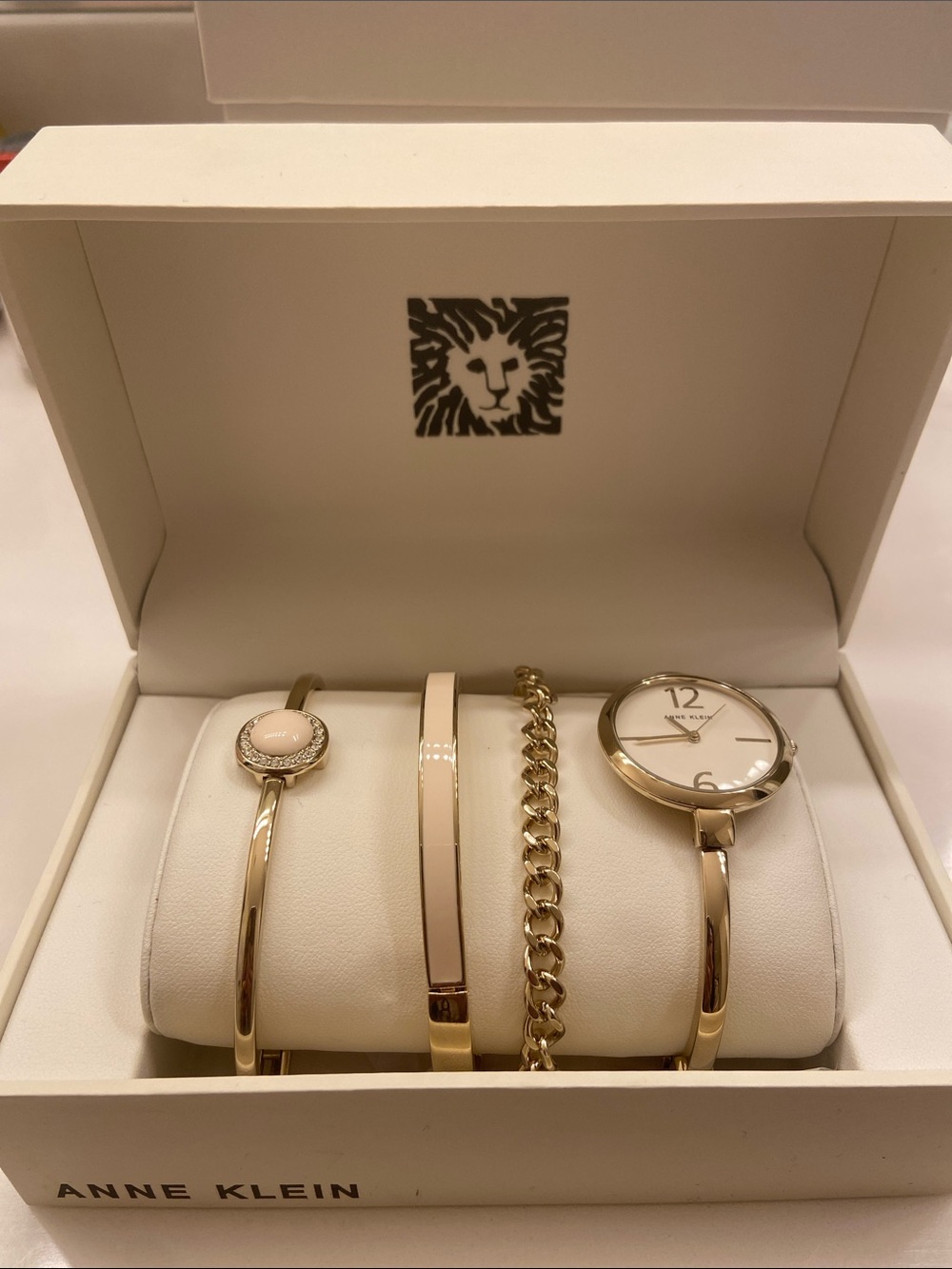 Anne Klein Gold-Tone Watch and Bracelet Stack with Cream Dial